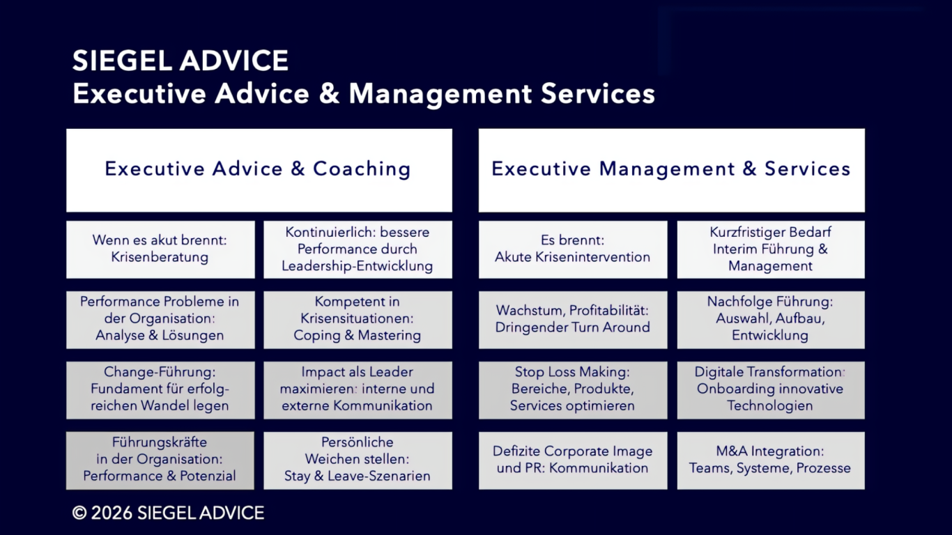 SIEGEL ADVICE Executive Advice und Management: wir beraten und unterstützen Sie in verschiedeneren Bereichen der Unternehmensführung